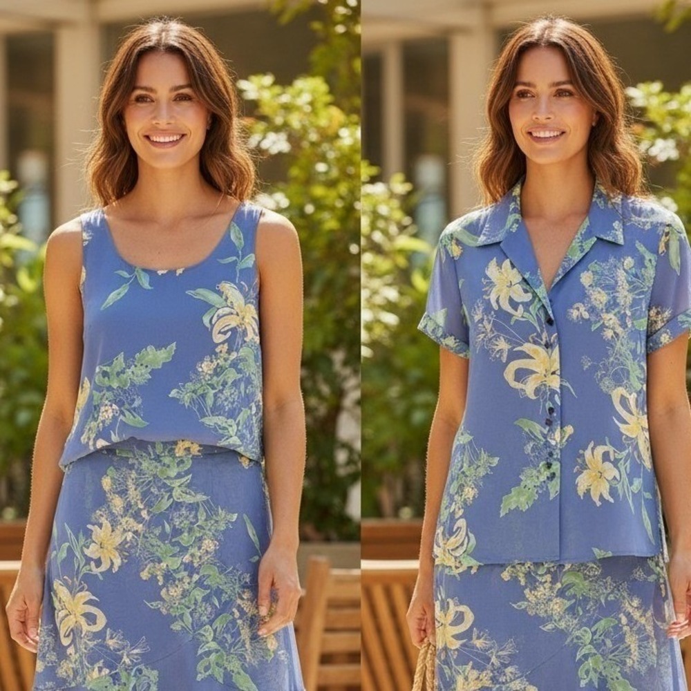 Emma James Liz Clairborne 3PC Skirt Set Sz 14 Blue Floral Chiffon Blouse Tank L